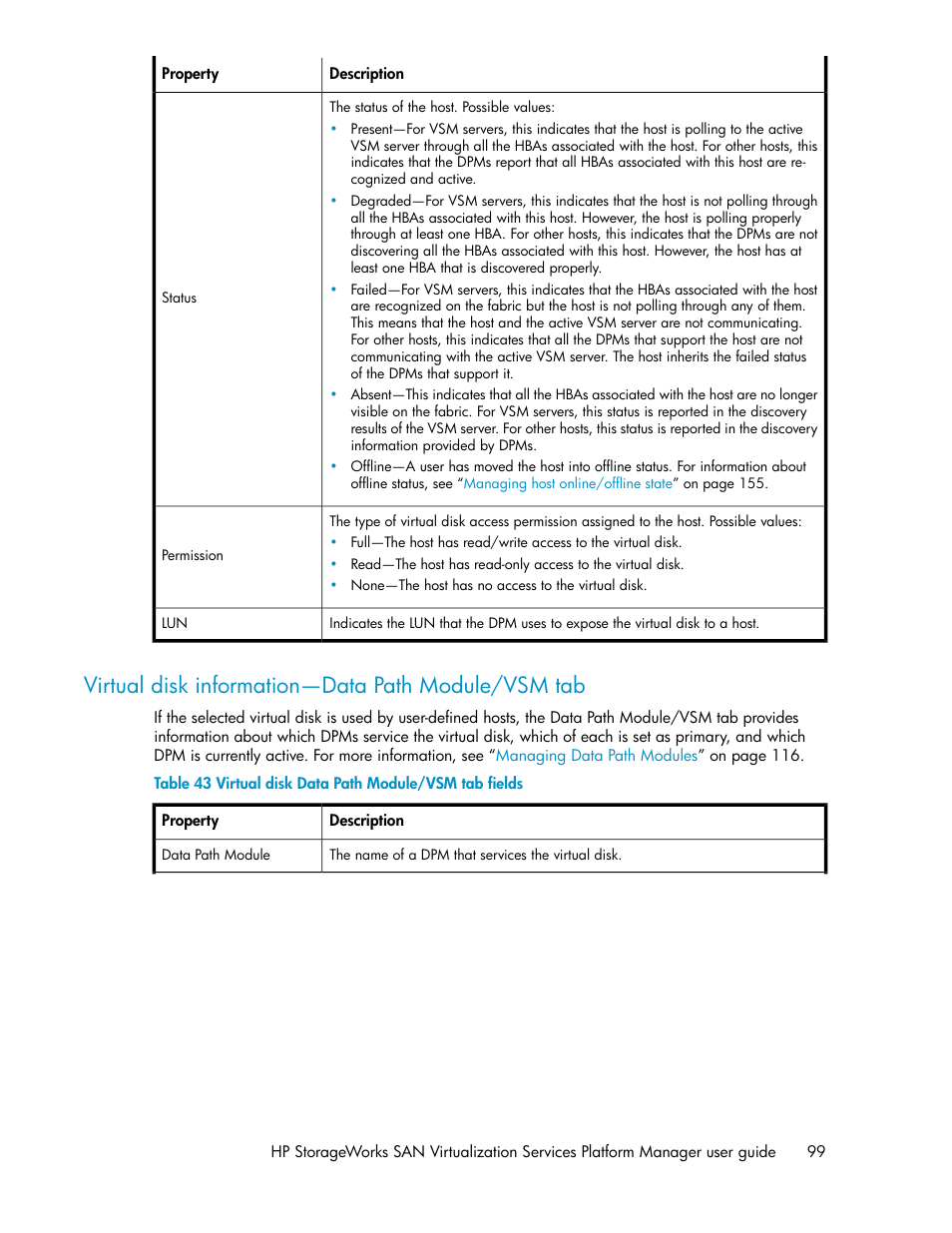 Virtual disk information—data path module/vsm tab, Virtual disk data path module/vsm tab fields | HP SAN Virtualization Services Platform User Manual | Page 99 / 398