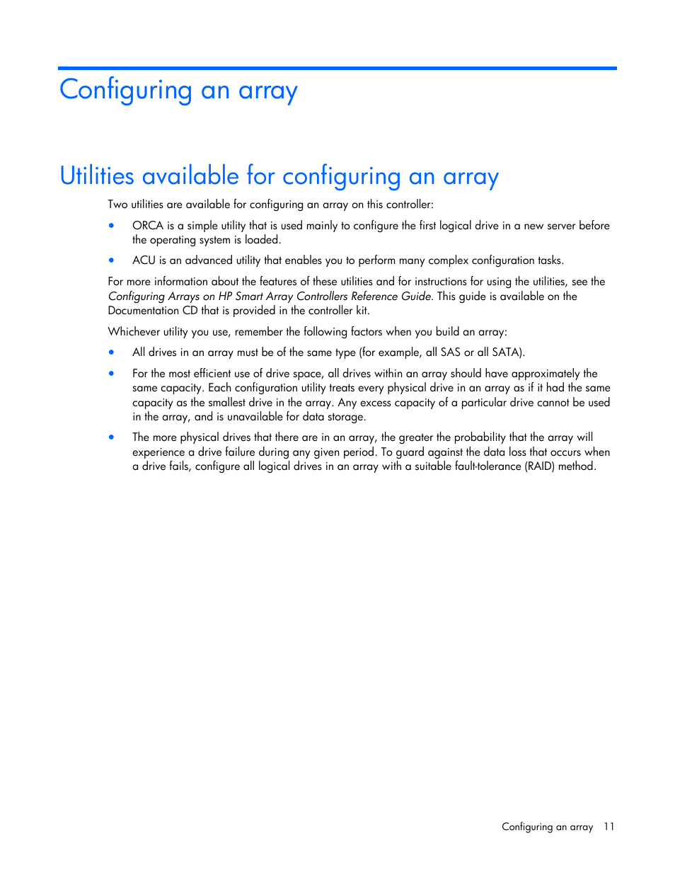 Configuring an array, Utilities available for configuring an array | HP Smart Array P700m Controller User Manual | Page 11 / 36