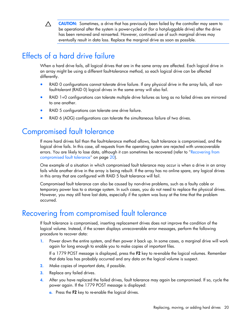 Effects of a hard drive failure, Compromised fault tolerance, Recovering from compromised fault tolerance | HP Smart Array P700m Controller User Manual | Page 20 / 36