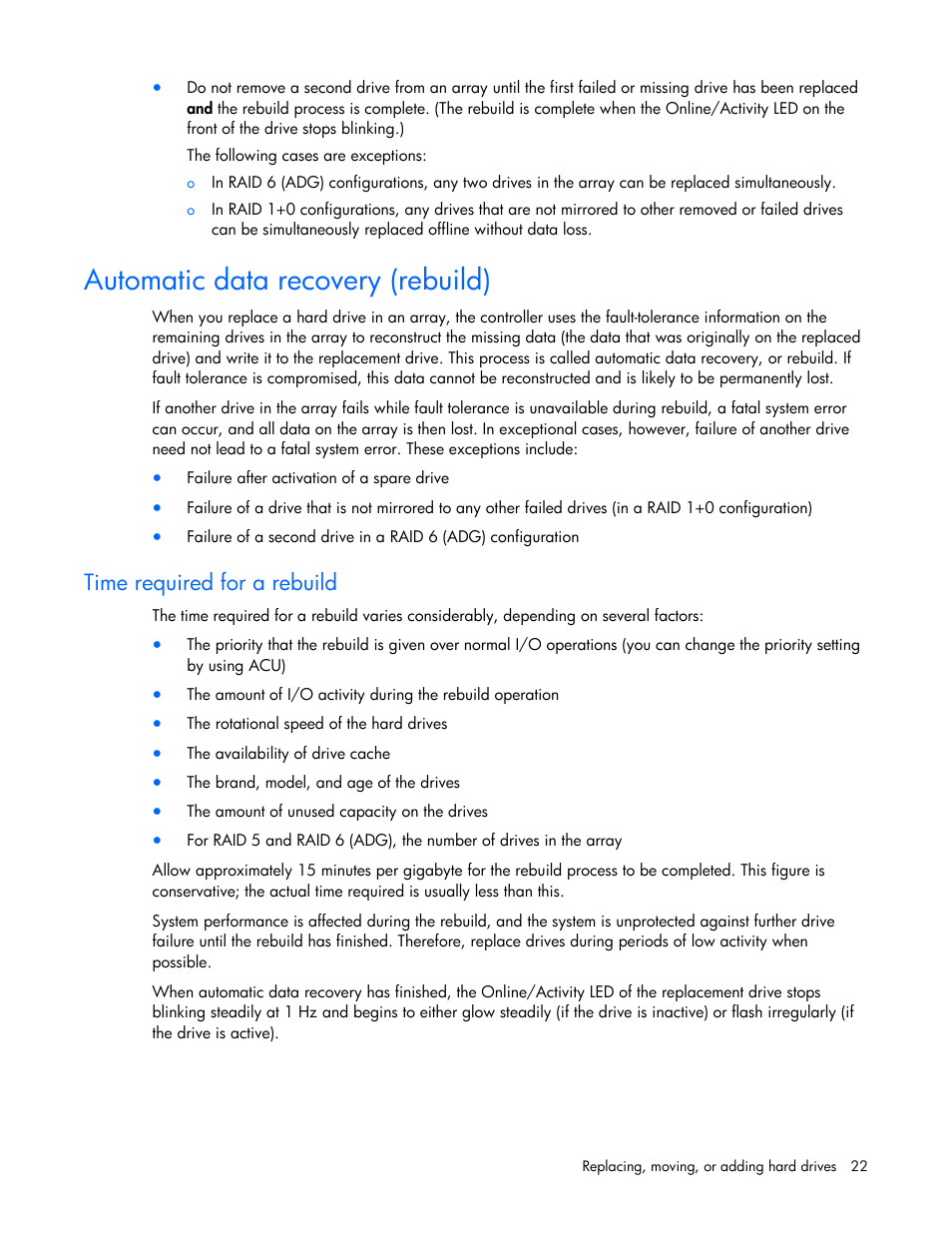 Automatic data recovery (rebuild), Time required for a rebuild | HP Smart Array P700m Controller User Manual | Page 22 / 36
