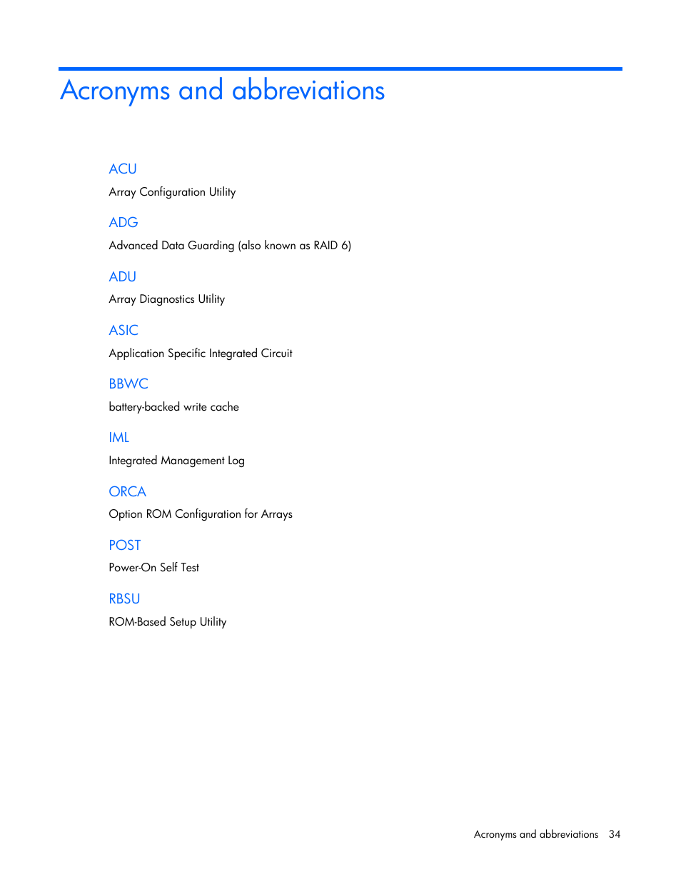 Acronyms and abbreviations | HP Smart Array P700m Controller User Manual | Page 34 / 36