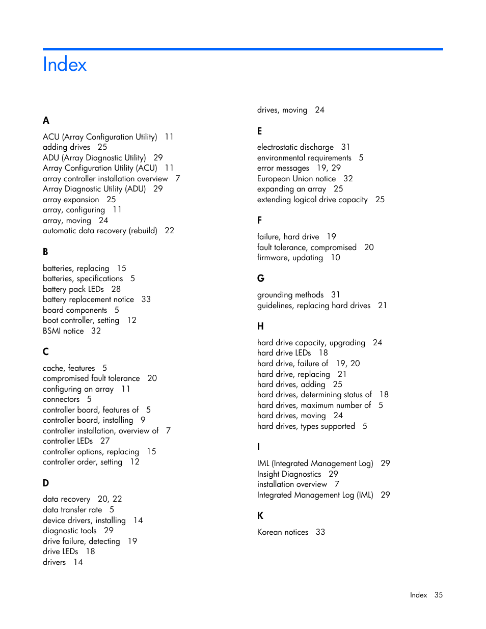 Index | HP Smart Array P700m Controller User Manual | Page 35 / 36