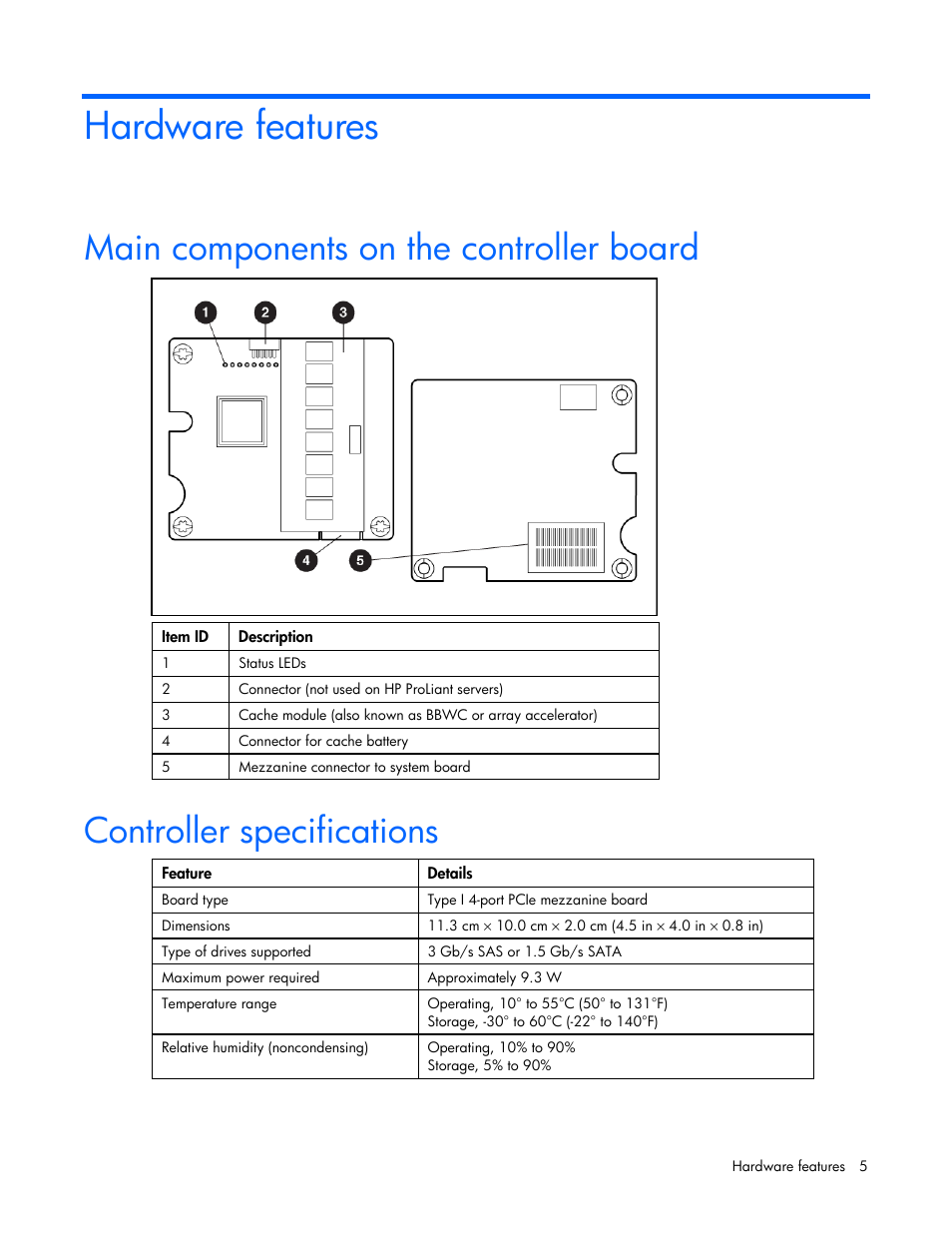 Hardware features, Main components on the controller board, Controller specifications | HP Smart Array P700m Controller User Manual | Page 5 / 36