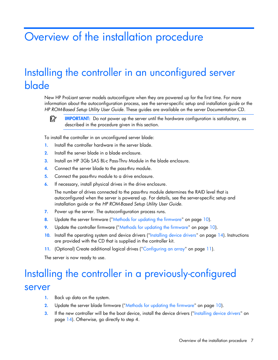 Overview of the installation procedure | HP Smart Array P700m Controller User Manual | Page 7 / 36