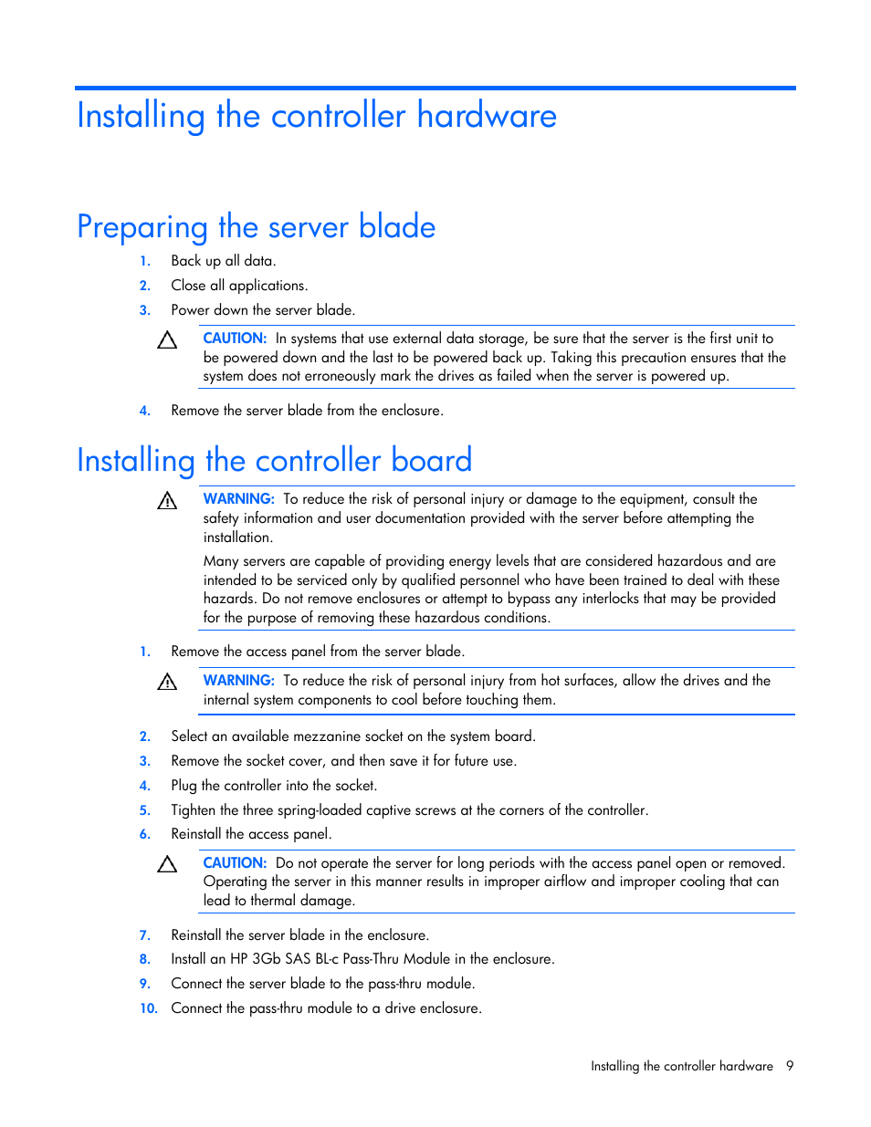 Installing the controller hardware, Preparing the server blade, Installing the controller board | HP Smart Array P700m Controller User Manual | Page 9 / 36