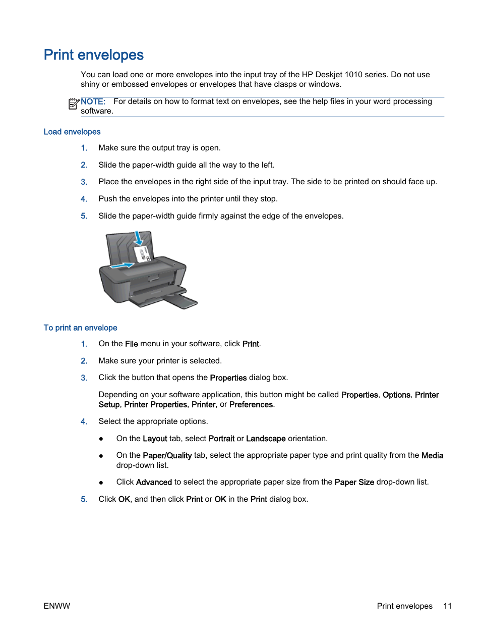 Print envelopes | HP Deskjet 1012 Printer User Manual | Page 15 / 78