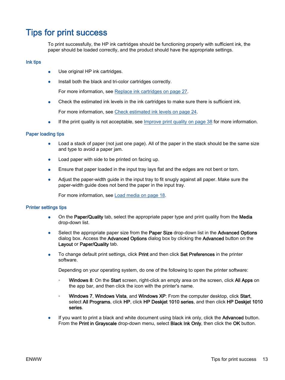 Tips for print success | HP Deskjet 1012 Printer User Manual | Page 17 / 78