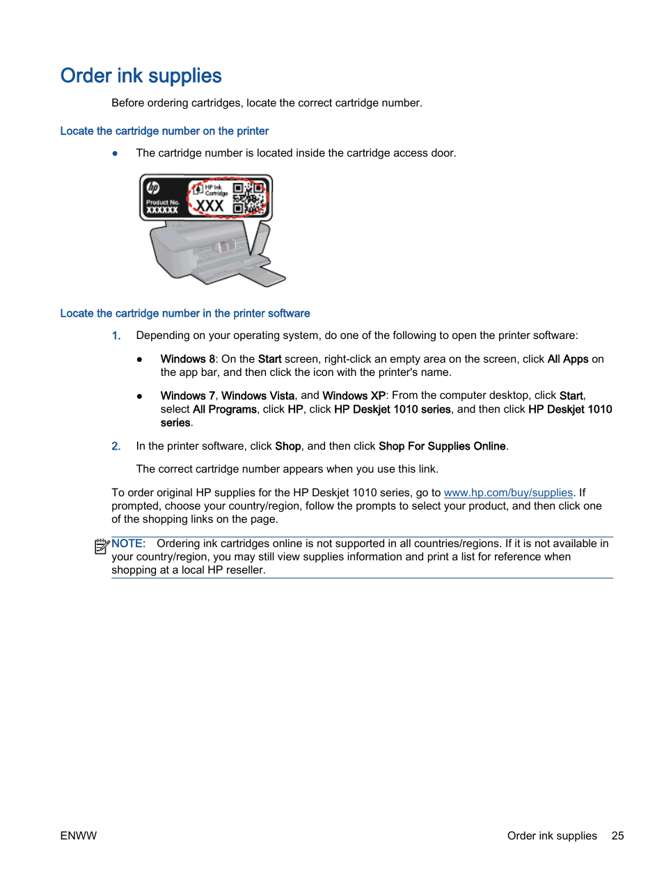 Order ink supplies | HP Deskjet 1012 Printer User Manual | Page 29 / 78