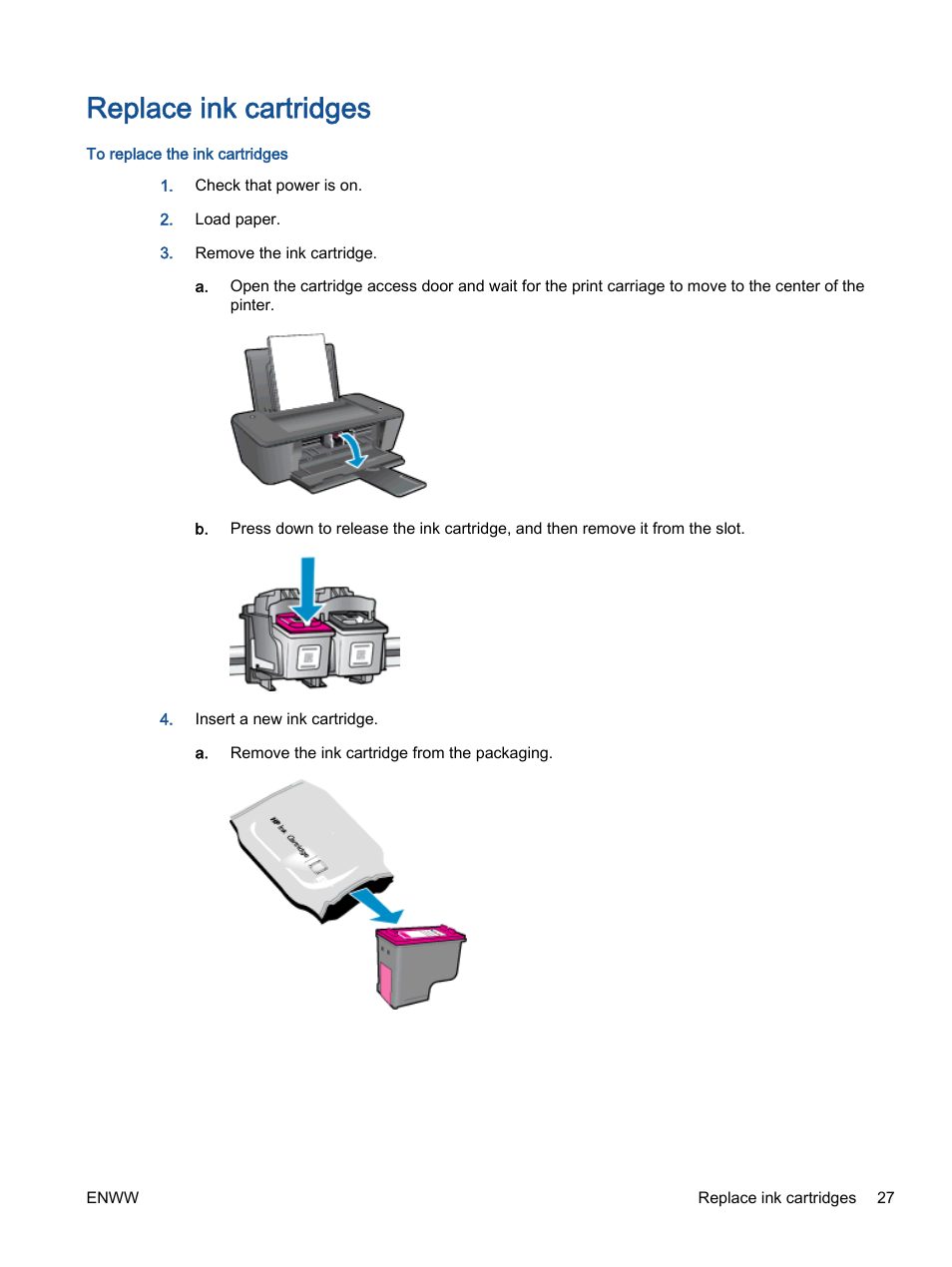 Replace ink cartridges | HP Deskjet 1012 Printer User Manual | Page 31 / 78