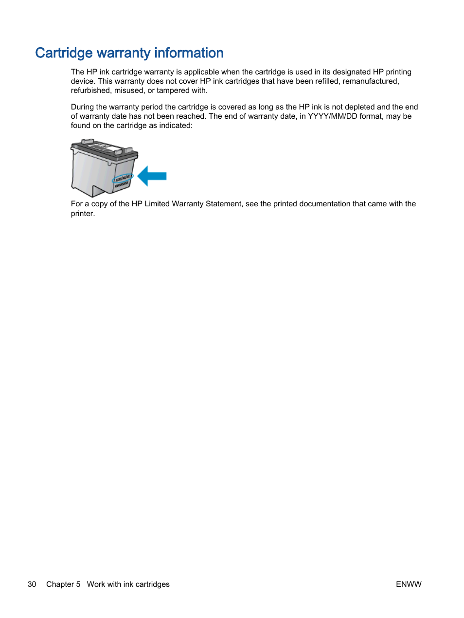 Cartridge warranty information | HP Deskjet 1012 Printer User Manual | Page 34 / 78