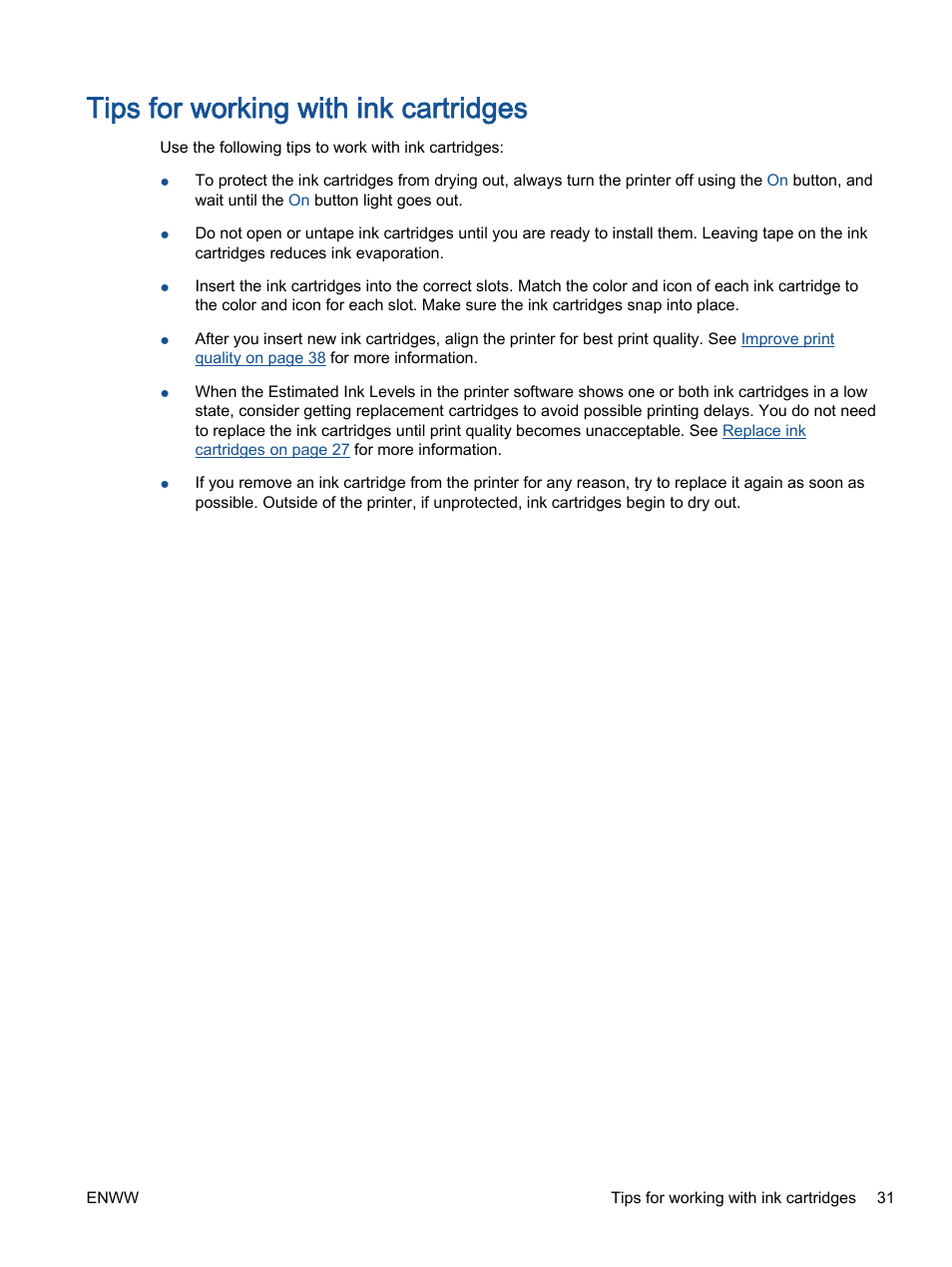 Tips for working with ink cartridges | HP Deskjet 1012 Printer User Manual | Page 35 / 78