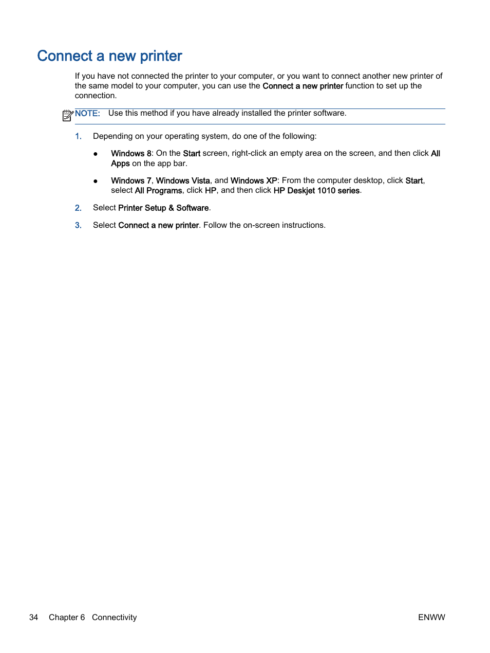 Connect a new printer | HP Deskjet 1012 Printer User Manual | Page 38 / 78