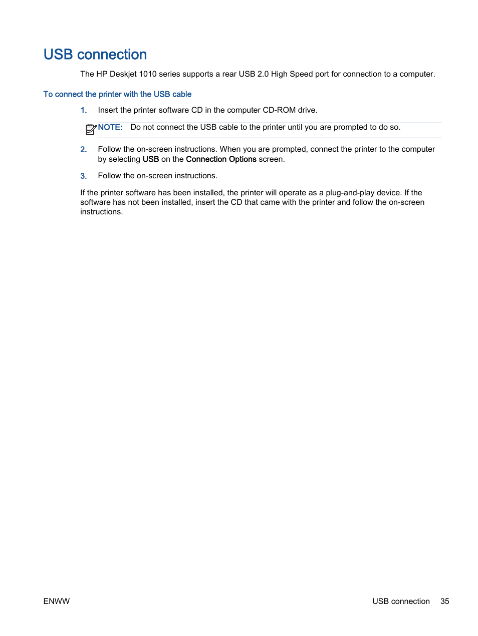 Usb connection | HP Deskjet 1012 Printer User Manual | Page 39 / 78