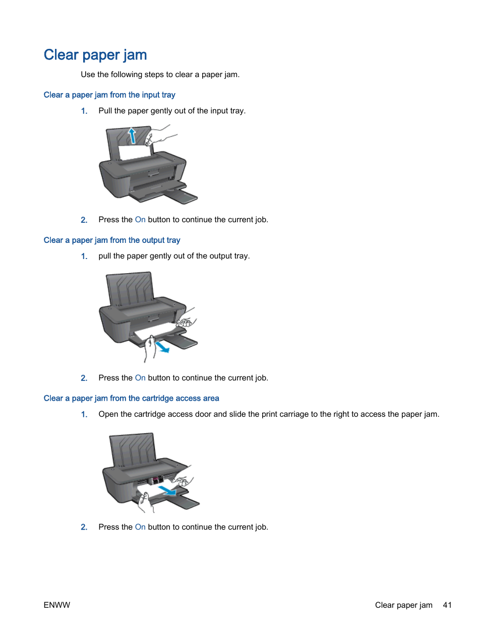 Clear paper jam | HP Deskjet 1012 Printer User Manual | Page 45 / 78