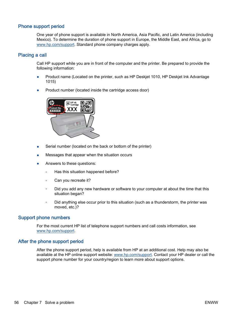 Phone support period, Placing a call, Support phone numbers | After the phone support period | HP Deskjet 1012 Printer User Manual | Page 60 / 78