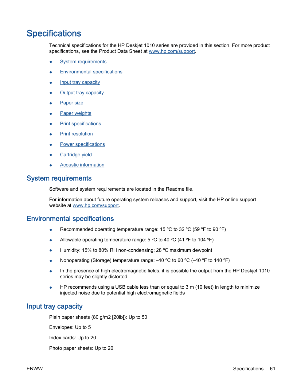 Specifications, System requirements, Environmental specifications | Input tray capacity | HP Deskjet 1012 Printer User Manual | Page 65 / 78