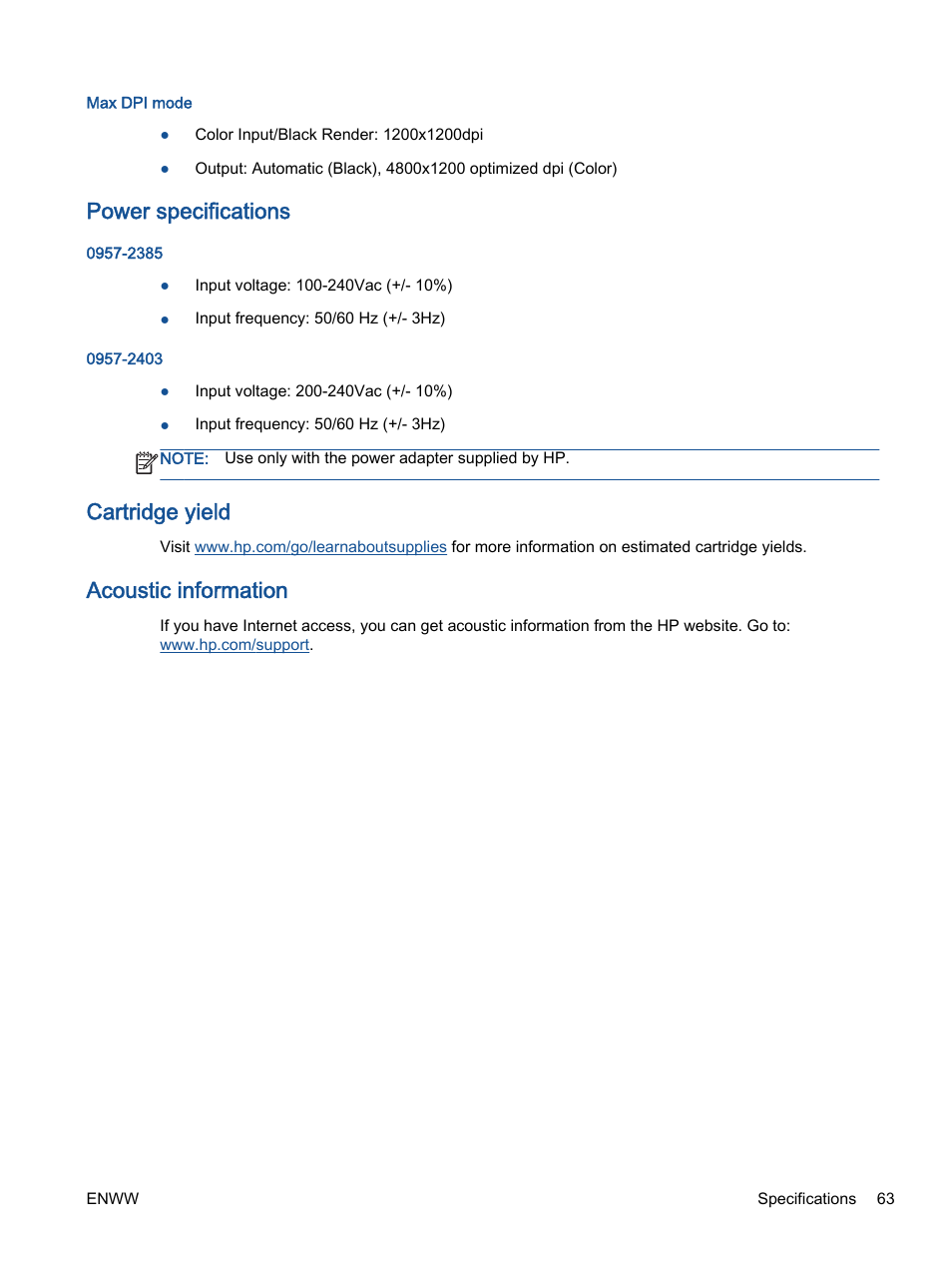 Power specifications, Cartridge yield, Acoustic information | HP Deskjet 1012 Printer User Manual | Page 67 / 78