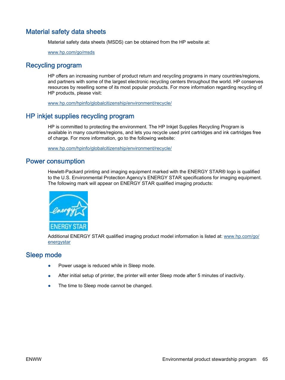Material safety data sheets, Recycling program, Hp inkjet supplies recycling program | Power consumption, Sleep mode | HP Deskjet 1012 Printer User Manual | Page 69 / 78
