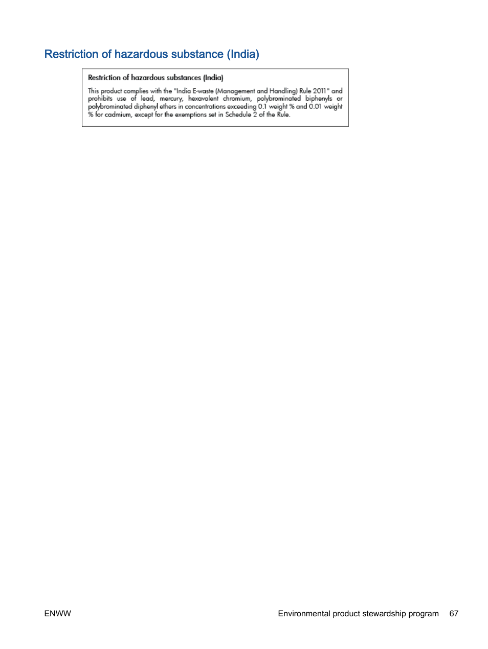 Restriction of hazardous substance (india) | HP Deskjet 1012 Printer User Manual | Page 71 / 78