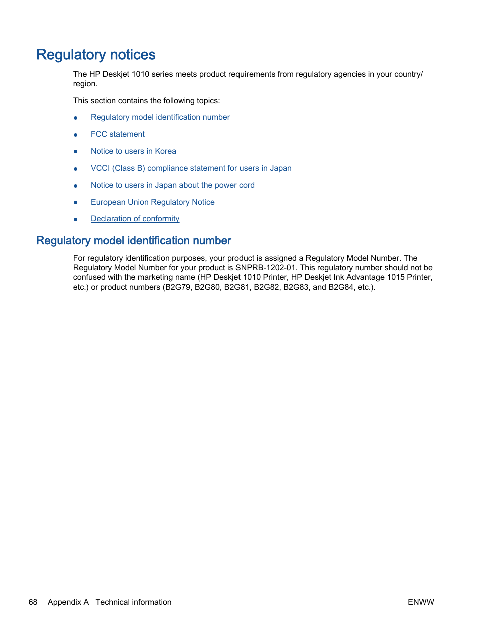 Regulatory notices, Regulatory model identification number | HP Deskjet 1012 Printer User Manual | Page 72 / 78
