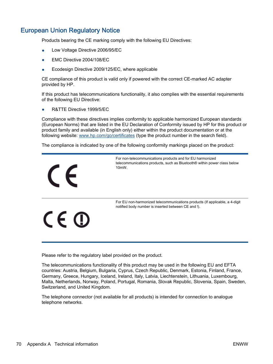 European union regulatory notice | HP Deskjet 1012 Printer User Manual | Page 74 / 78