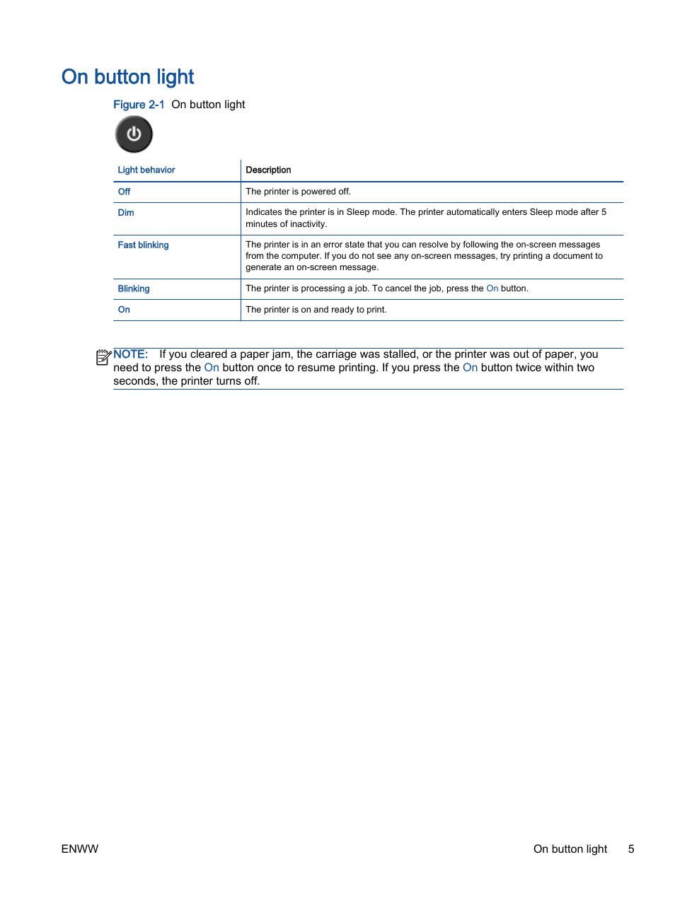 On button light | HP Deskjet 1012 Printer User Manual | Page 9 / 78