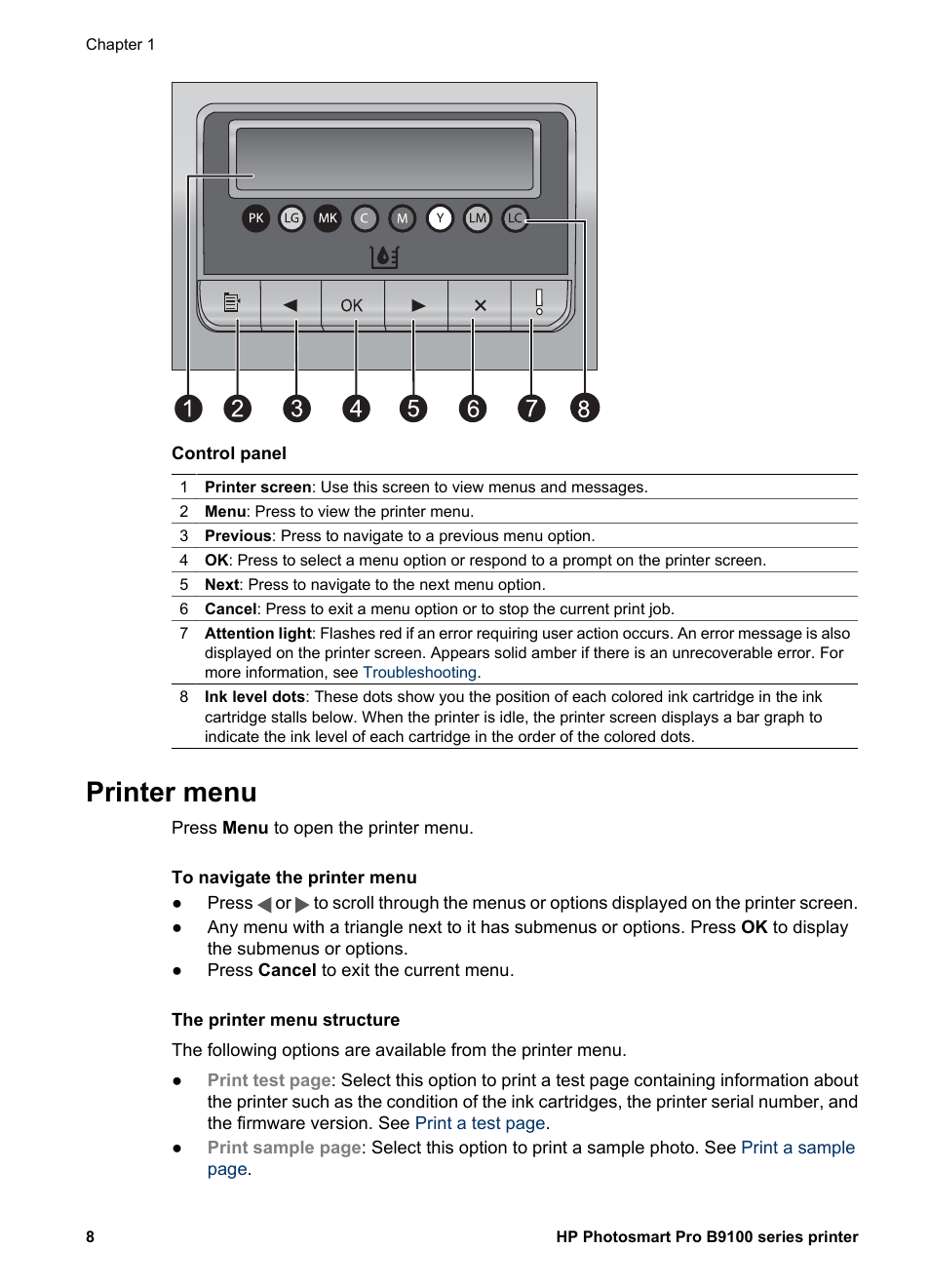 Printer menu | HP Photosmart Pro B9180 Photo Printer User Manual | Page 11 / 75