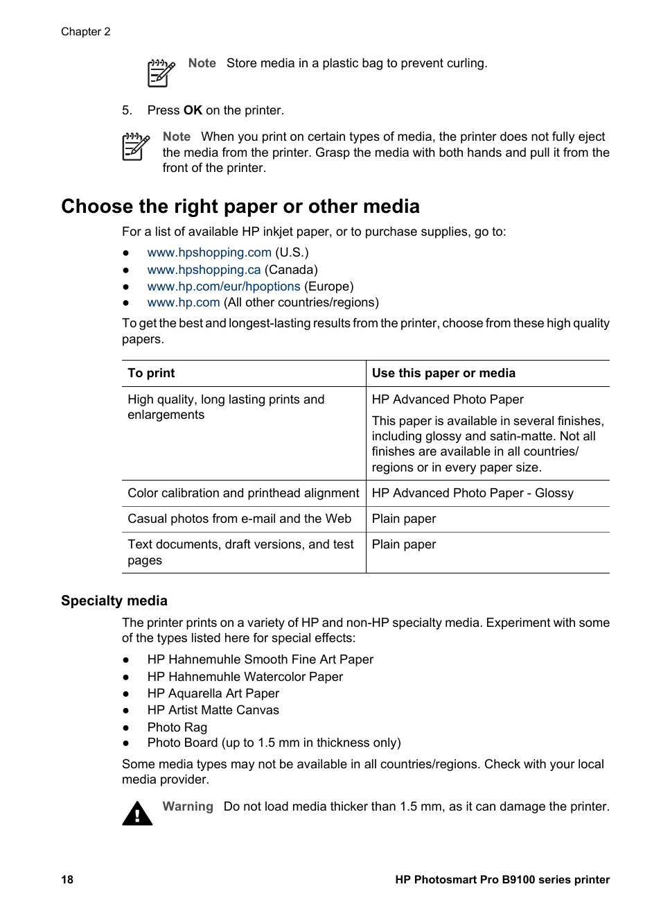 Choose the right paper or other media, Specialty media, Specialty media supported sizes | HP Photosmart Pro B9180 Photo Printer User Manual | Page 21 / 75