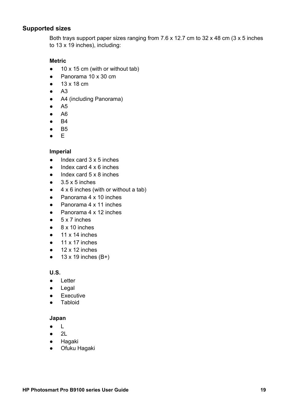 Supported sizes | HP Photosmart Pro B9180 Photo Printer User Manual | Page 22 / 75