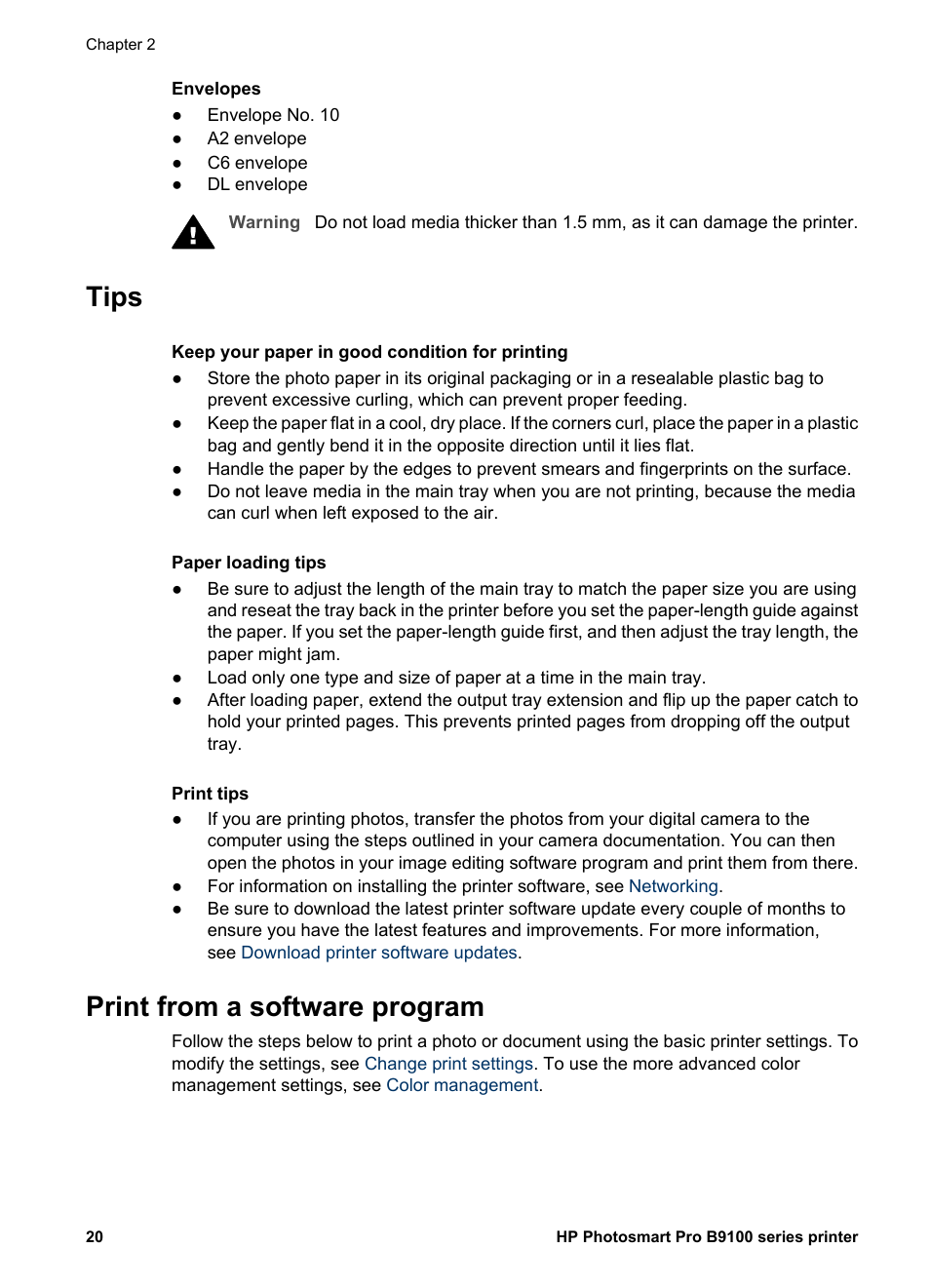 Tips, Print from a software program, Tips print from a software program | HP Photosmart Pro B9180 Photo Printer User Manual | Page 23 / 75