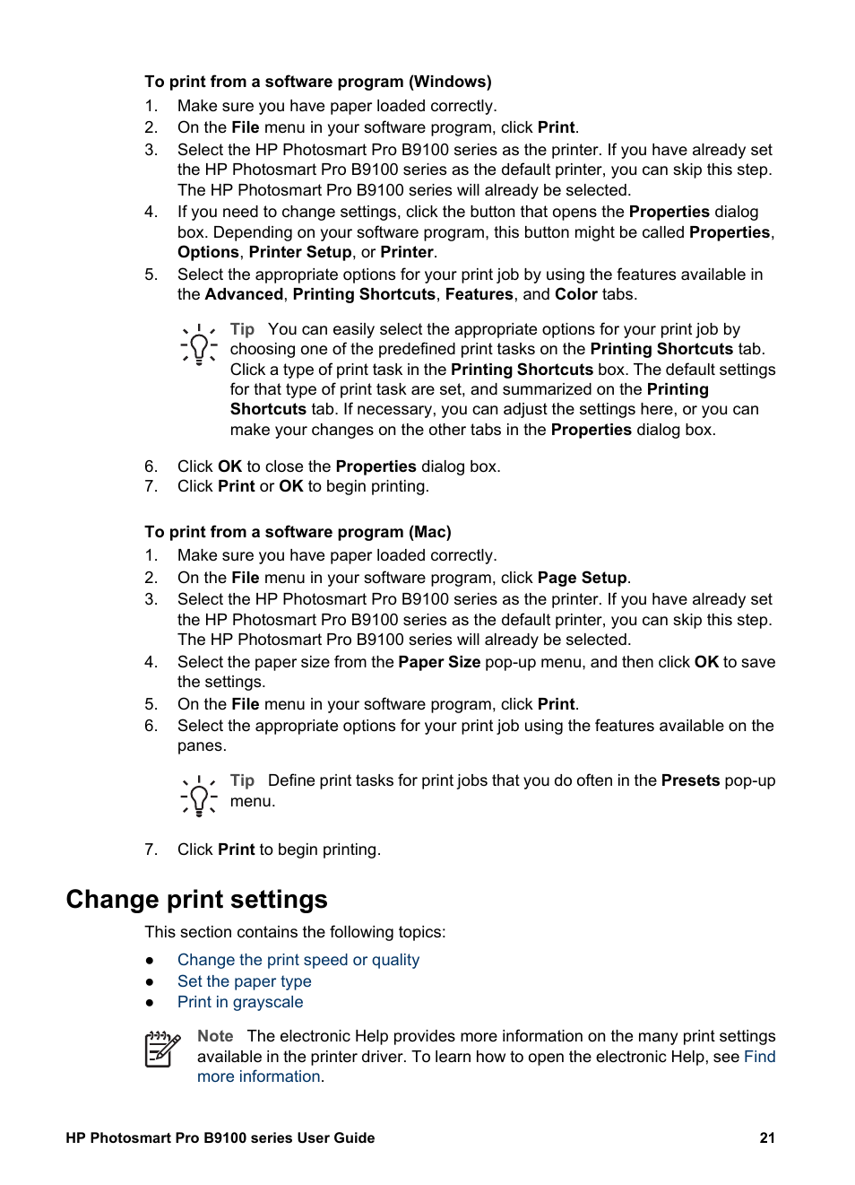 Change print settings | HP Photosmart Pro B9180 Photo Printer User Manual | Page 24 / 75