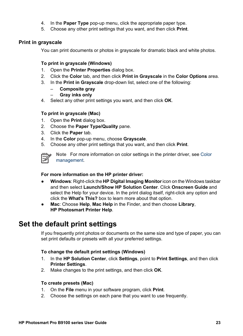 Print in grayscale, Set the default print settings | HP Photosmart Pro B9180 Photo Printer User Manual | Page 26 / 75