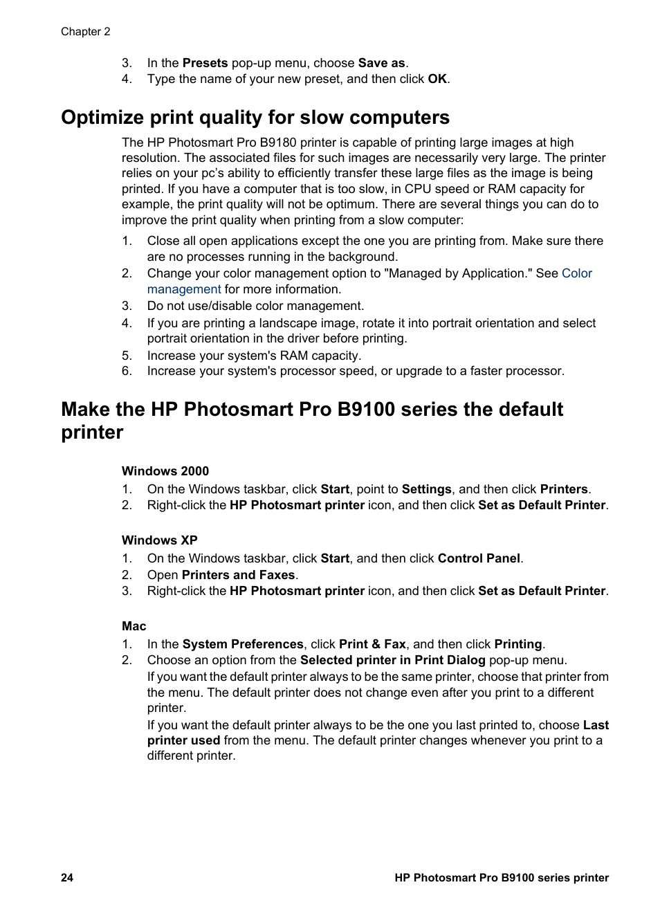 Optimize print quality for slow computers | HP Photosmart Pro B9180 Photo Printer User Manual | Page 27 / 75