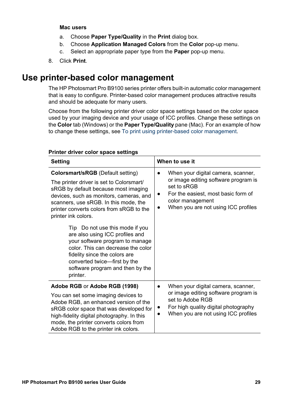 Use printer-based color management | HP Photosmart Pro B9180 Photo Printer User Manual | Page 32 / 75