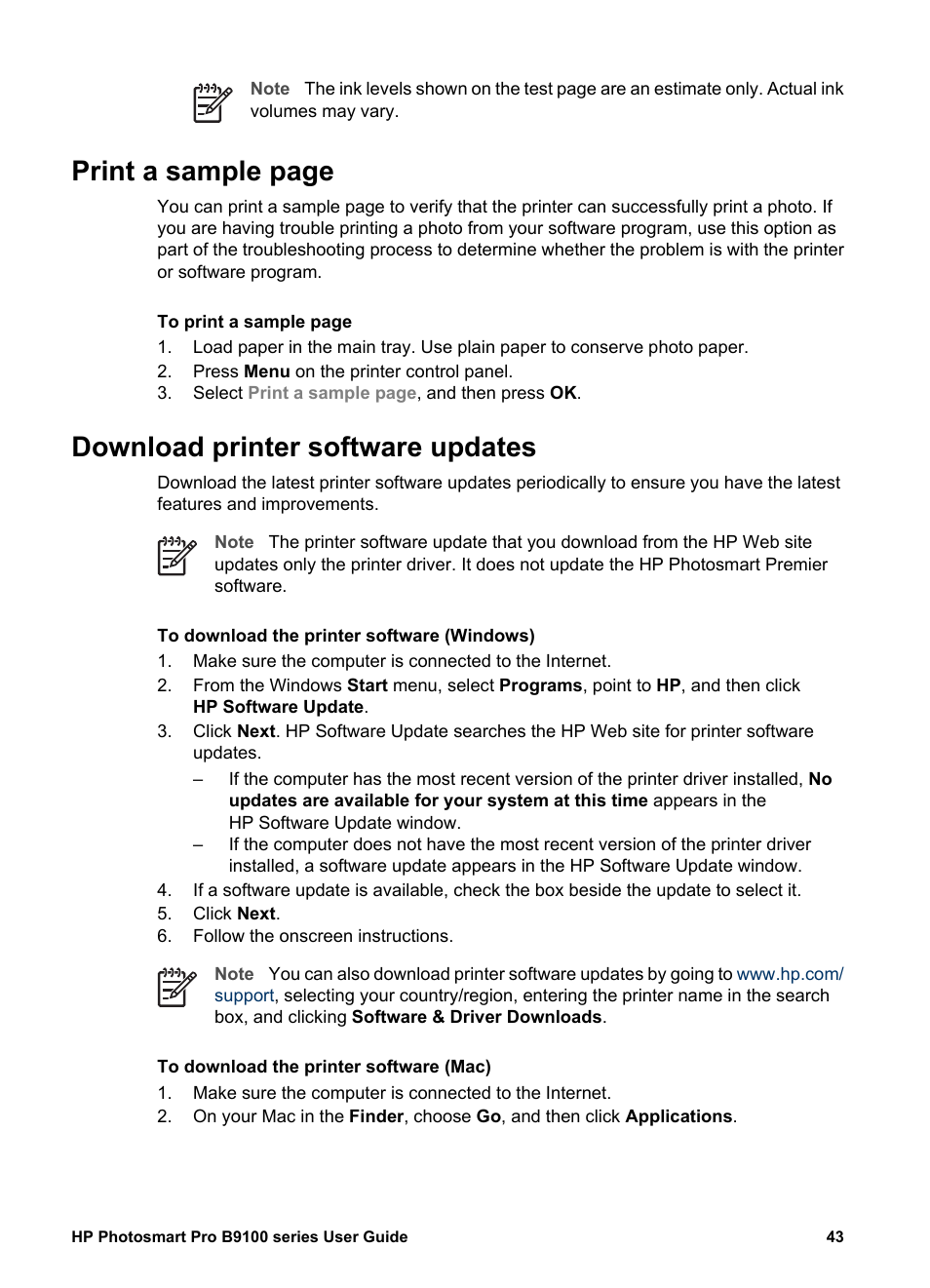 Download printer software updates, Print a sample, Print a sample page | HP Photosmart Pro B9180 Photo Printer User Manual | Page 46 / 75