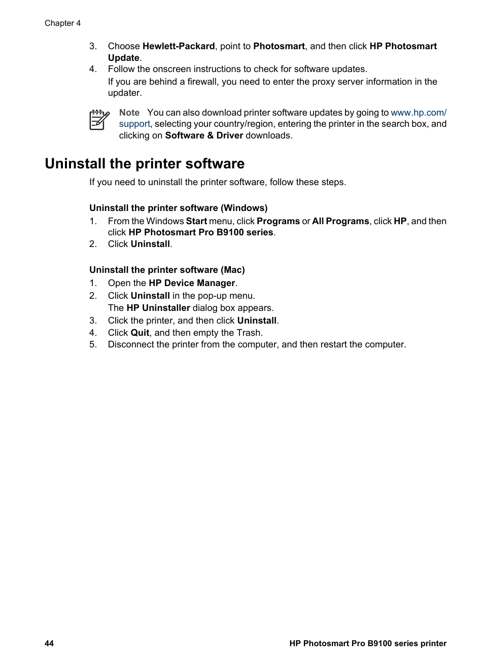Uninstall the printer software | HP Photosmart Pro B9180 Photo Printer User Manual | Page 47 / 75