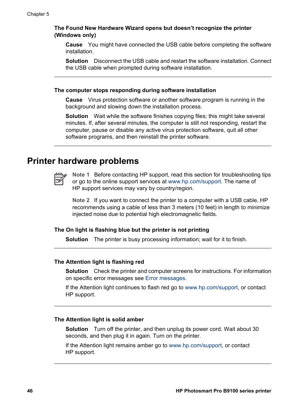 Printer hardware problems | HP Photosmart Pro B9180 Photo Printer User Manual | Page 49 / 75