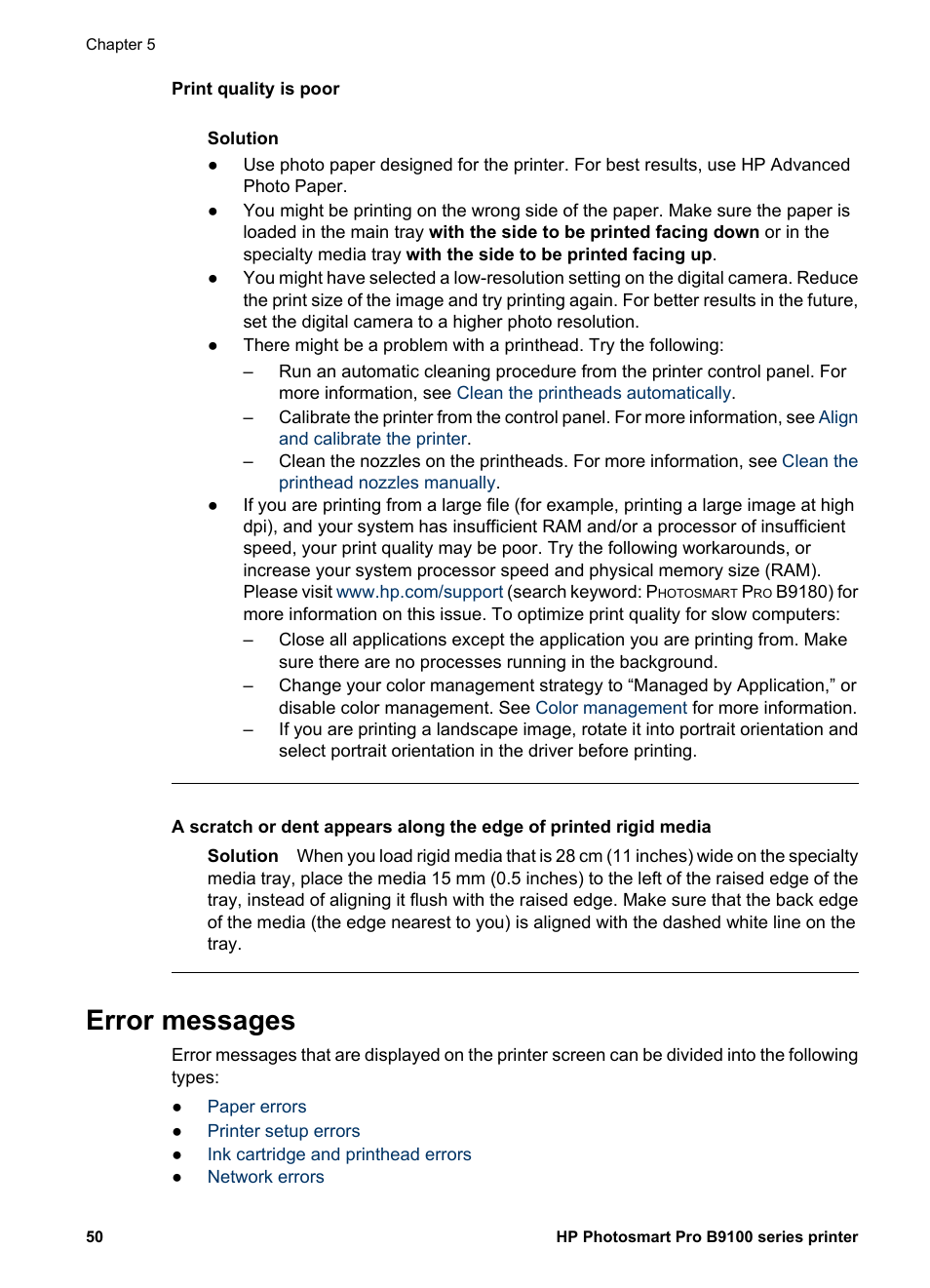 Error messages | HP Photosmart Pro B9180 Photo Printer User Manual | Page 53 / 75