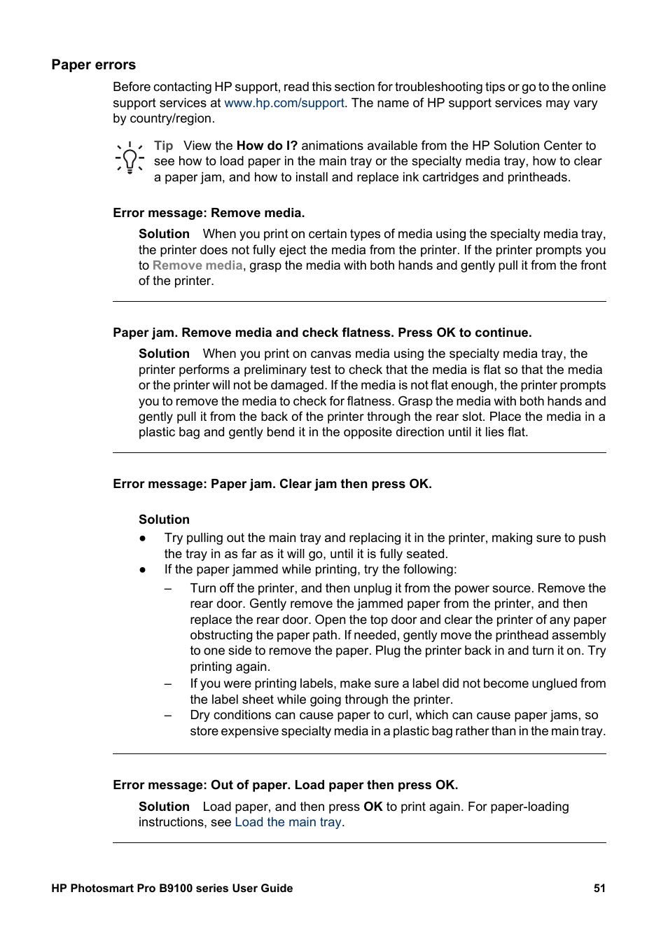Paper errors | HP Photosmart Pro B9180 Photo Printer User Manual | Page 54 / 75
