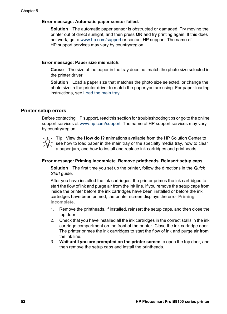 Printer setup errors | HP Photosmart Pro B9180 Photo Printer User Manual | Page 55 / 75
