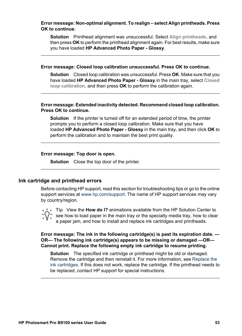 Ink cartridge and printhead errors | HP Photosmart Pro B9180 Photo Printer User Manual | Page 56 / 75