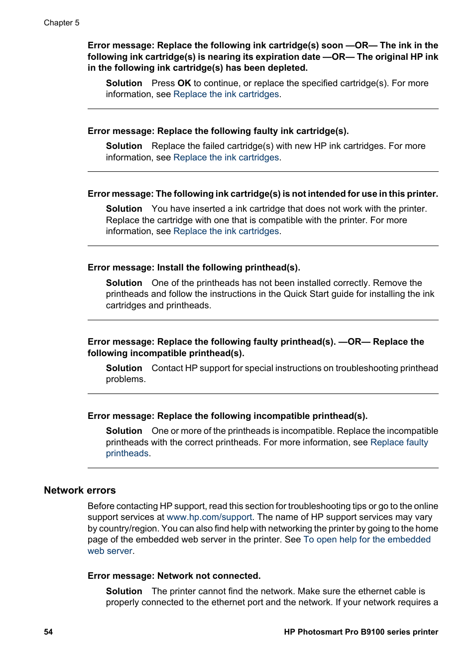 Network errors | HP Photosmart Pro B9180 Photo Printer User Manual | Page 57 / 75