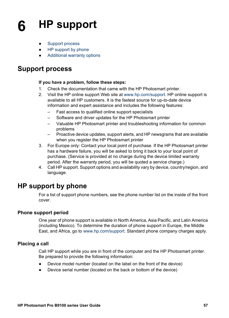 Hp support, Support process, Hp support by phone | Phone support period, Placing a call, Hp support support process hp support by phone | HP Photosmart Pro B9180 Photo Printer User Manual | Page 60 / 75