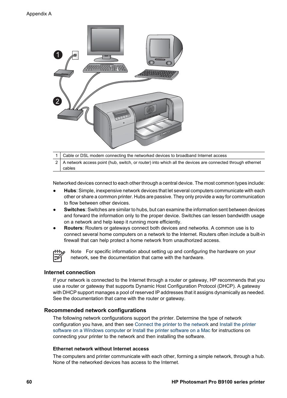 Internet connection, Recommended network configurations, Ethernet network without internet access | HP Photosmart Pro B9180 Photo Printer User Manual | Page 63 / 75
