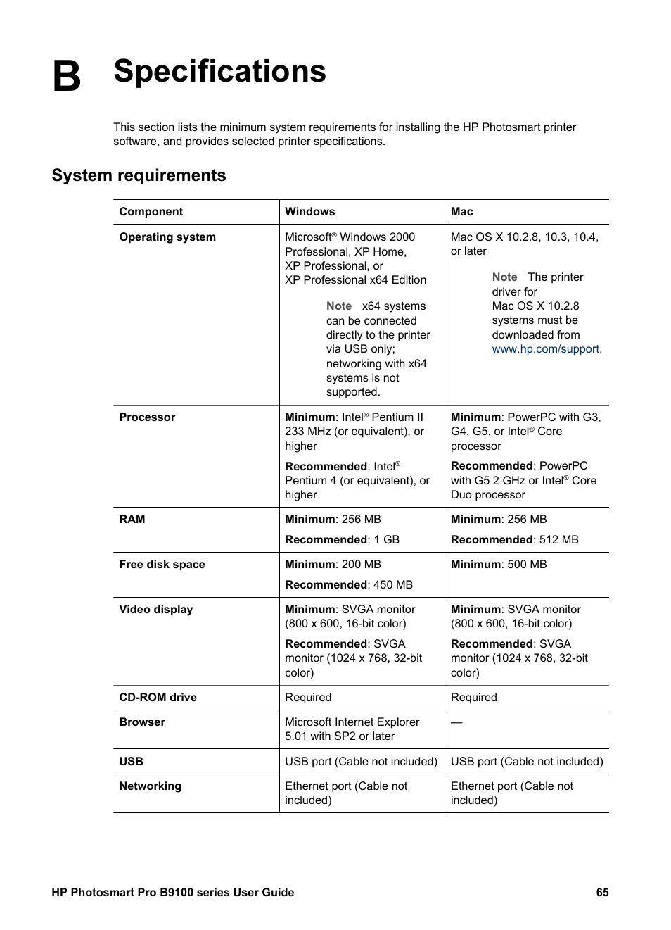 Specifications, System requirements, Specifications system requirements | HP Photosmart Pro B9180 Photo Printer User Manual | Page 68 / 75