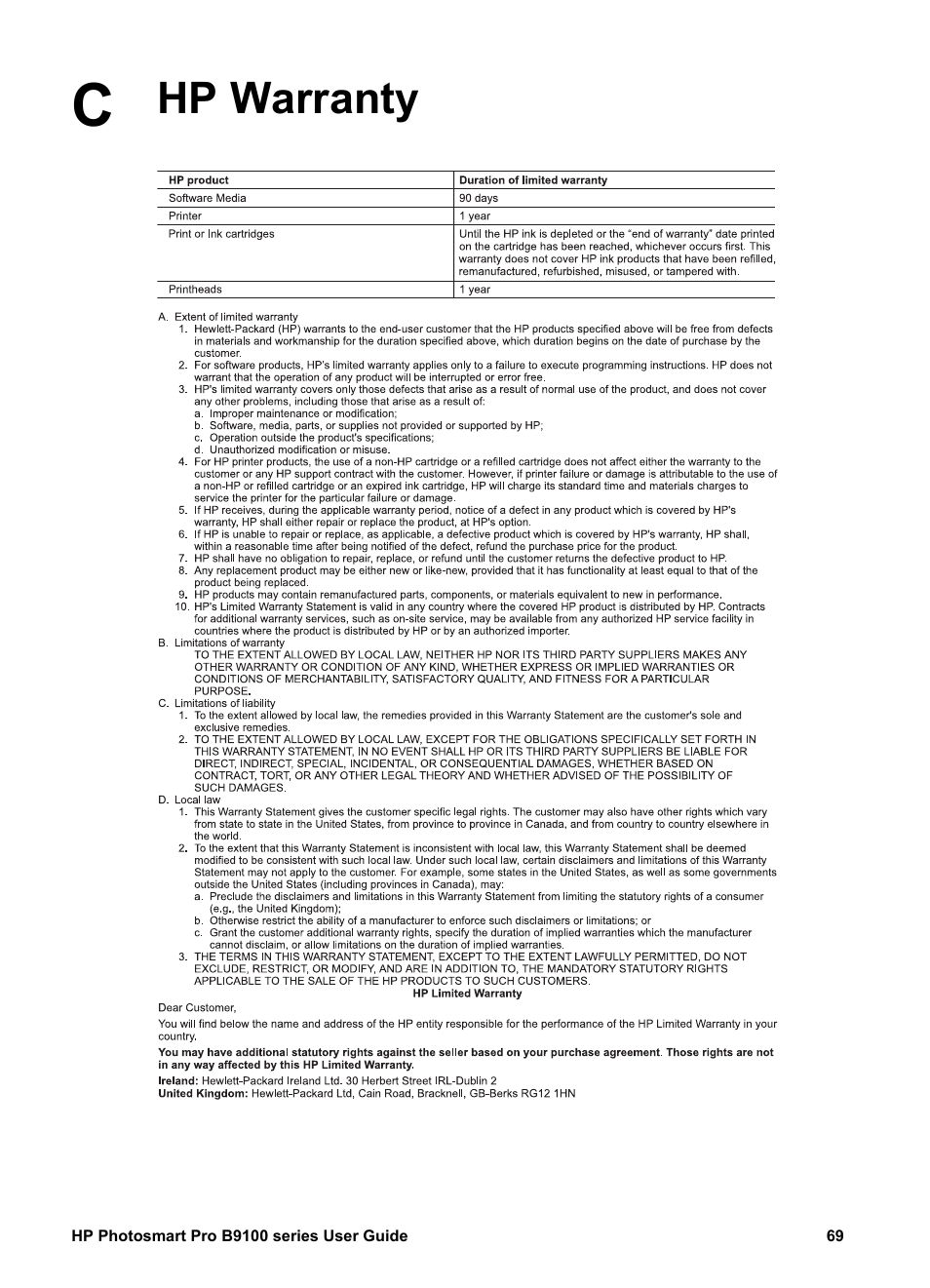 Hp warranty | HP Photosmart Pro B9180 Photo Printer User Manual | Page 72 / 75