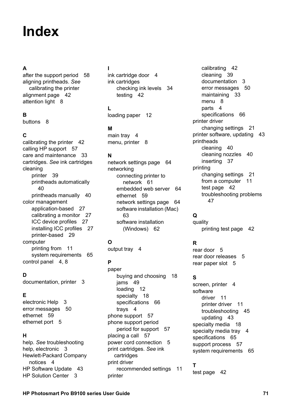Index | HP Photosmart Pro B9180 Photo Printer User Manual | Page 74 / 75