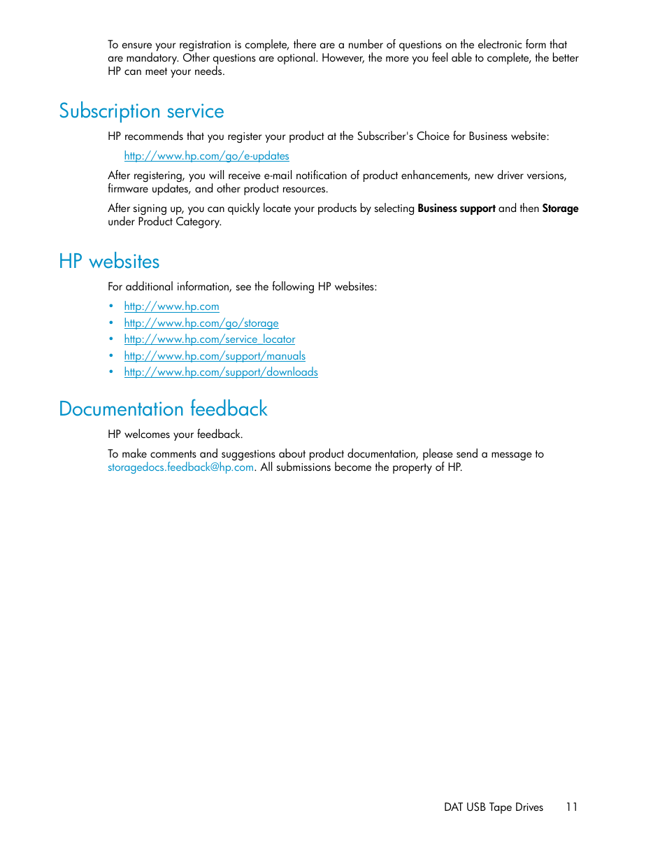Subscription service, Hp websites, Documentation feedback | 11 hp websites, 11 documentation feedback | HP StoreEver DAT Tape Drives User Manual | Page 11 / 74