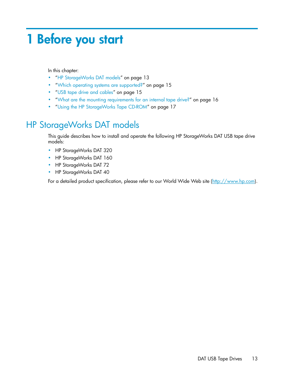 1 before you start, Hp storageworks dat models | HP StoreEver DAT Tape Drives User Manual | Page 13 / 74