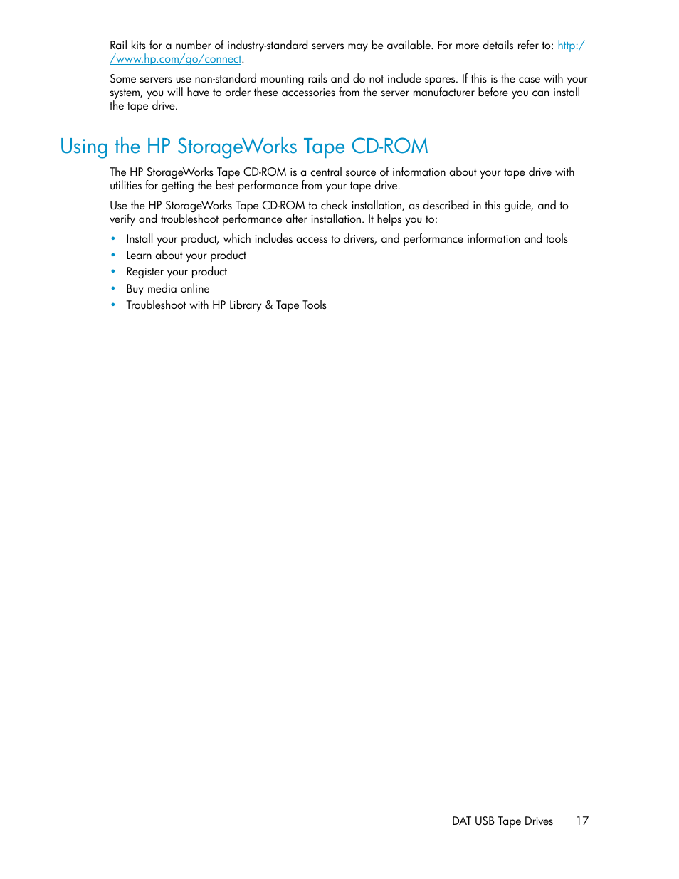 Using the hp storageworks tape cd-rom | HP StoreEver DAT Tape Drives User Manual | Page 17 / 74